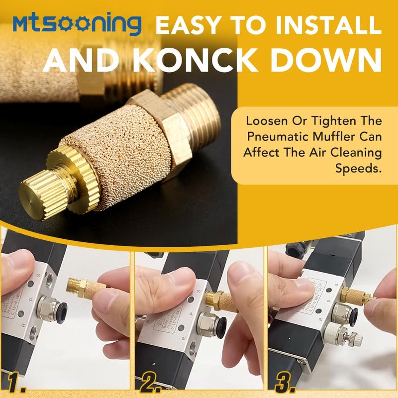 Mtsooning 10PCS Air Pneumatic Flow Control Mufflers, 1/4inch Exhaust Muffler Filters, Bronze Thread Hex Brass Silencer Replacement for 1/4" NPT BSL-02 - Image 4